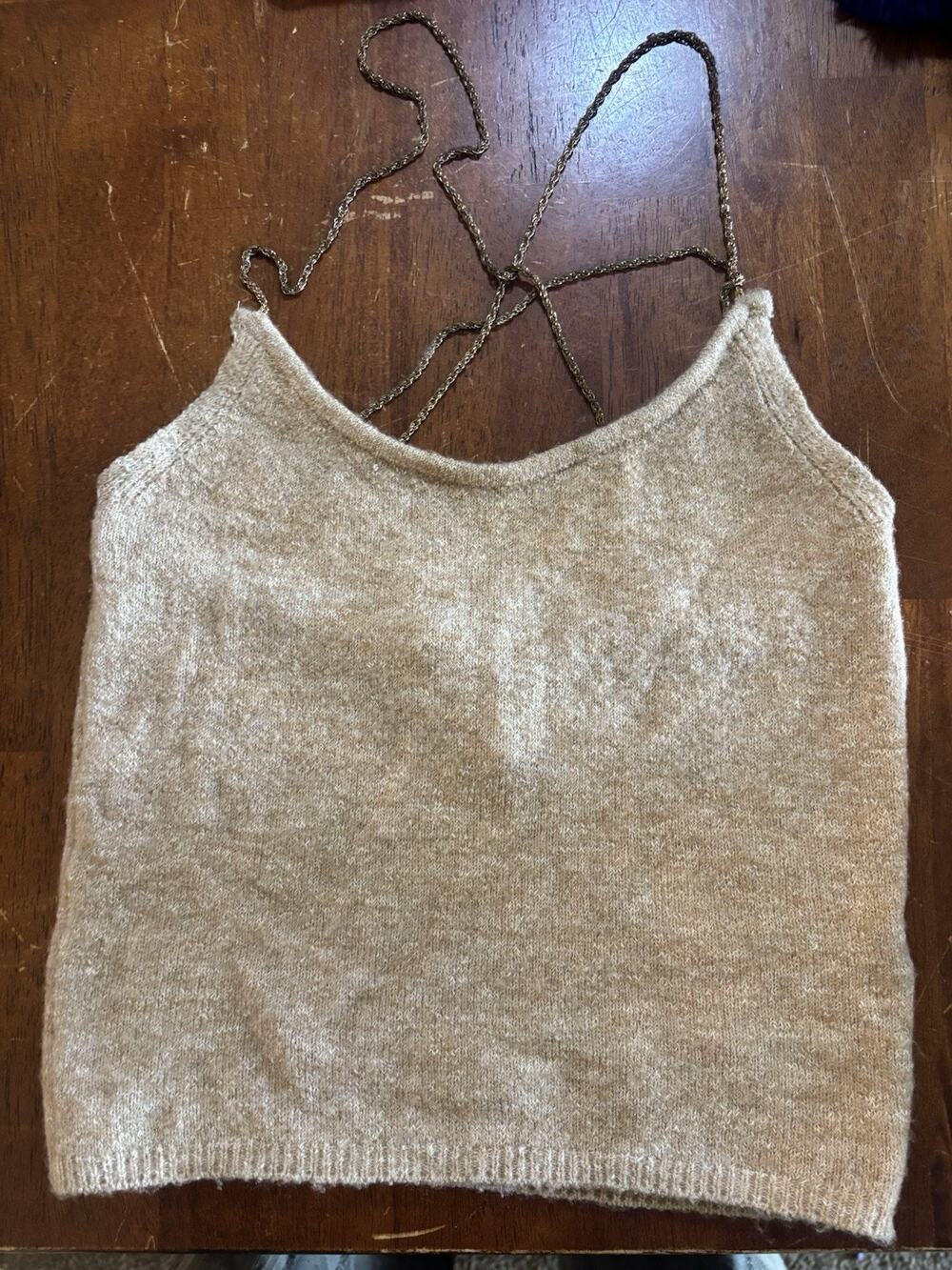 Zara Womens Sweater Knit Crop Top Chain Detail Beige M